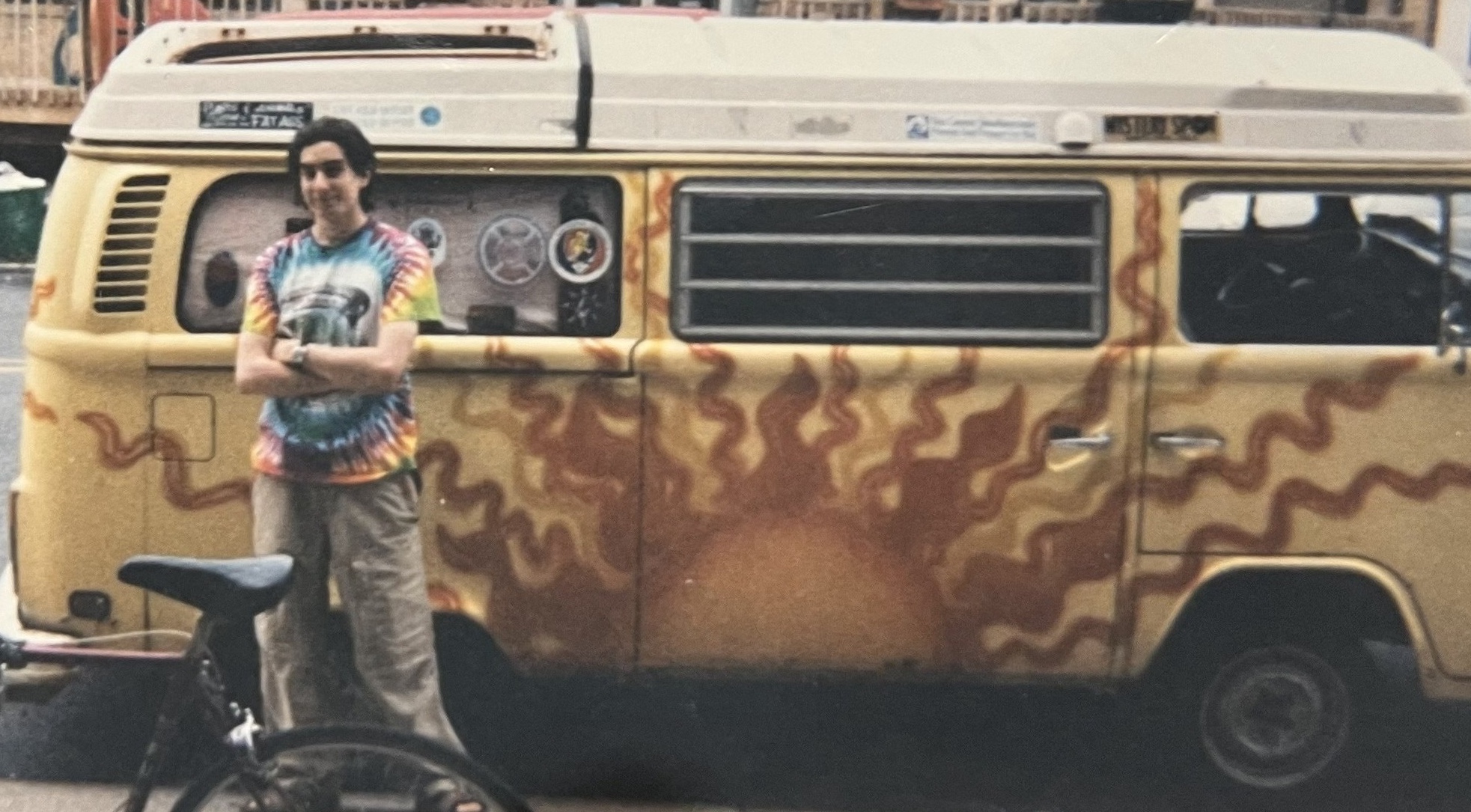 Jake in front of a flame-painted VW bus, Allentown PA, 1998